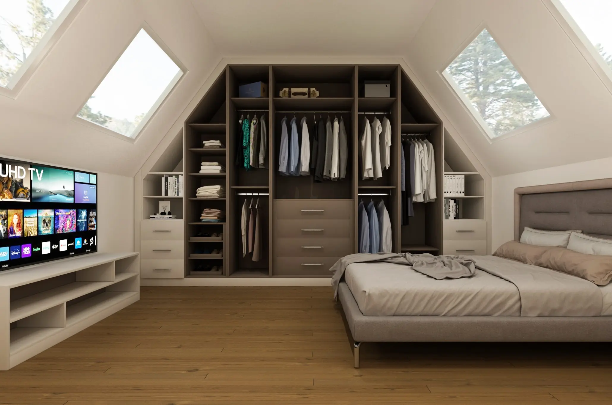 Loft room wardrobes - an example of a fitted loft room wardrobe in a modern loft room.