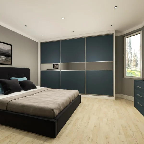 Sliding wardrobe doors in London - an example of a blue sliding wardrobe door built in to a sleek bedroom.