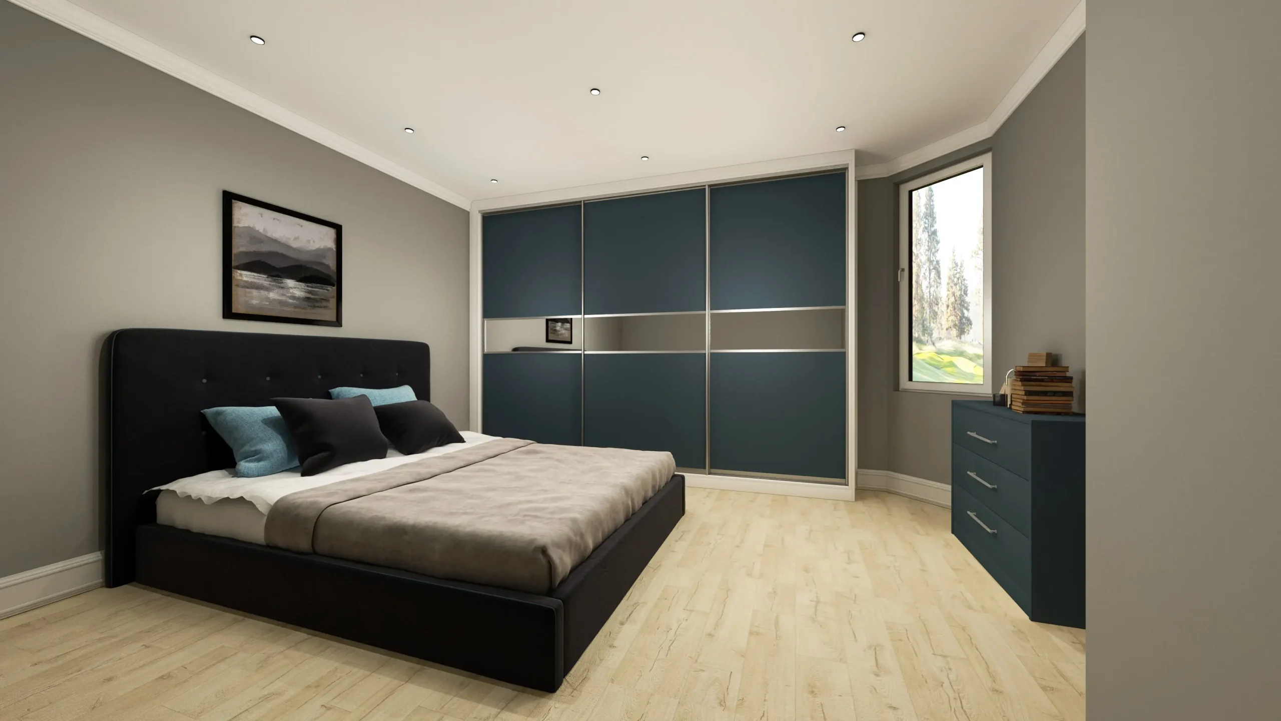 Sliding wardrobe doors in London - an example of a blue sliding wardrobe door built in to a sleek bedroom.
